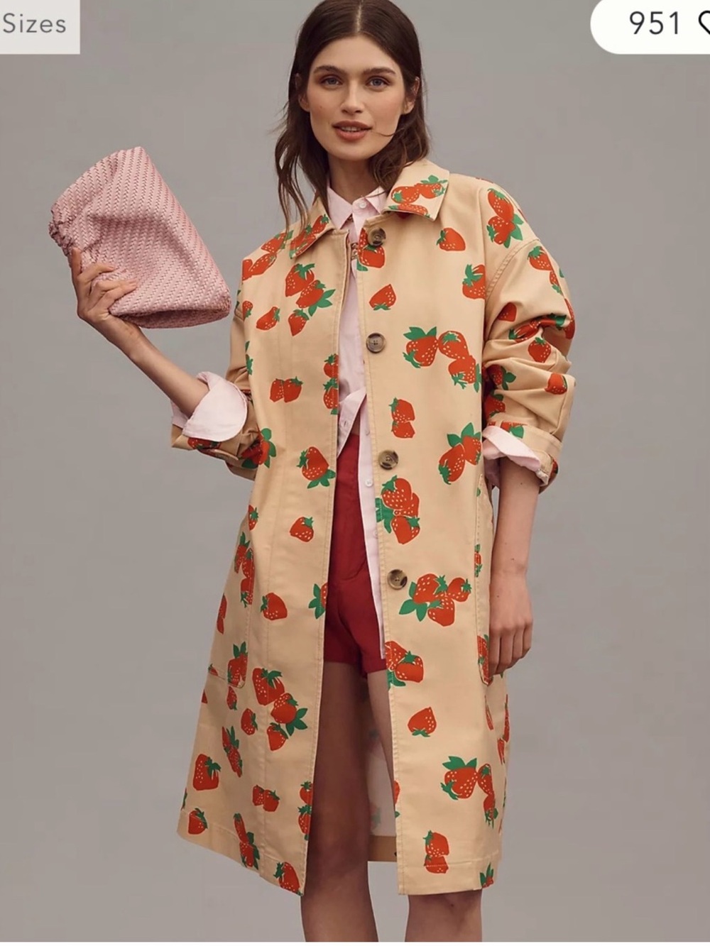 Anthropologie / Maeve Beige Trench Coat with Red & Green Strawberry Print - Picture 9 of 9